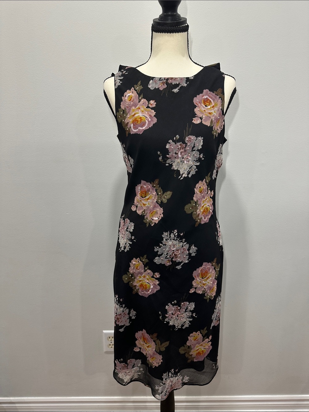 90s Vintage Floral Sheath Dress Black Pink Roses Beaded Cowl Bias Cut Size Med
